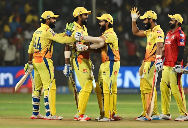 a group of cricket players celebrate with their teammates after winning the match