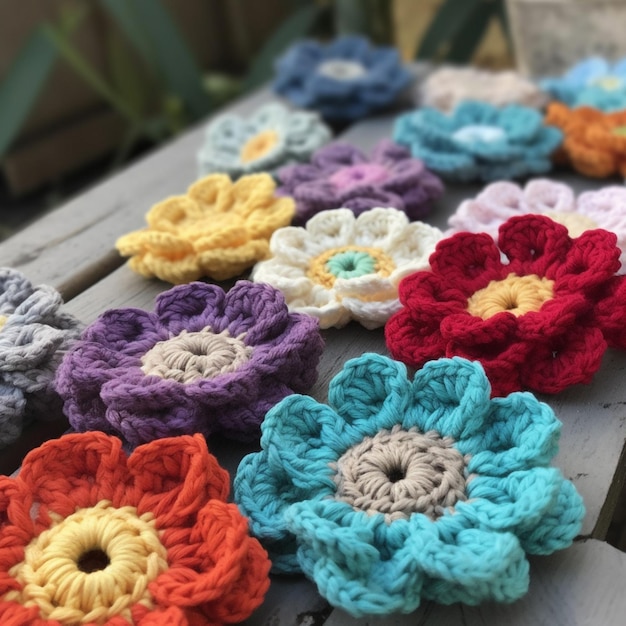 A group of crocheted flowers are on a table.