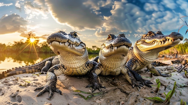 Группа крокодилов, лежащих на песчаном пляже, наслаждается солнцем и впитывается в окружающую среду.