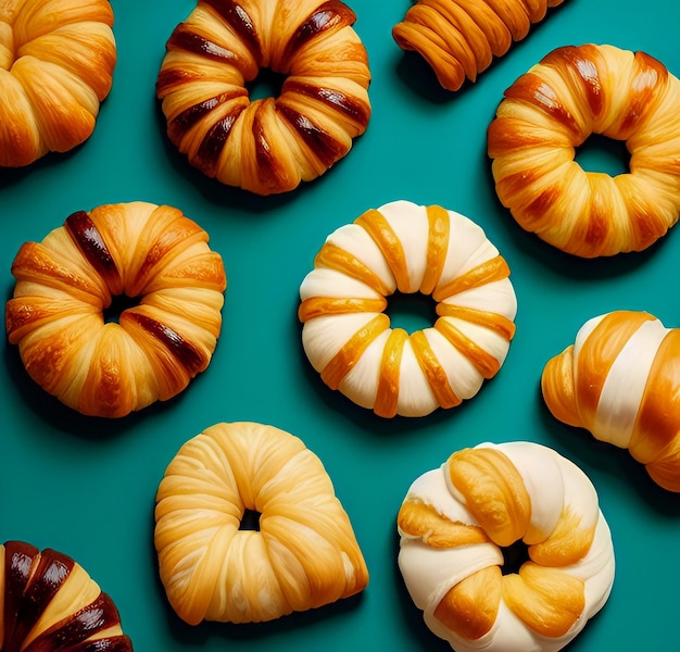 A group of croissants with different flavors on them.