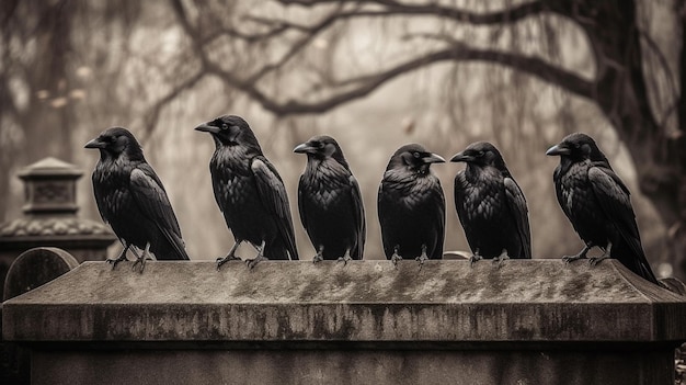 A group of crows sit on a ledge in london.