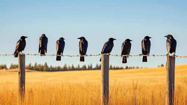 a group of crows sitting on a fence post