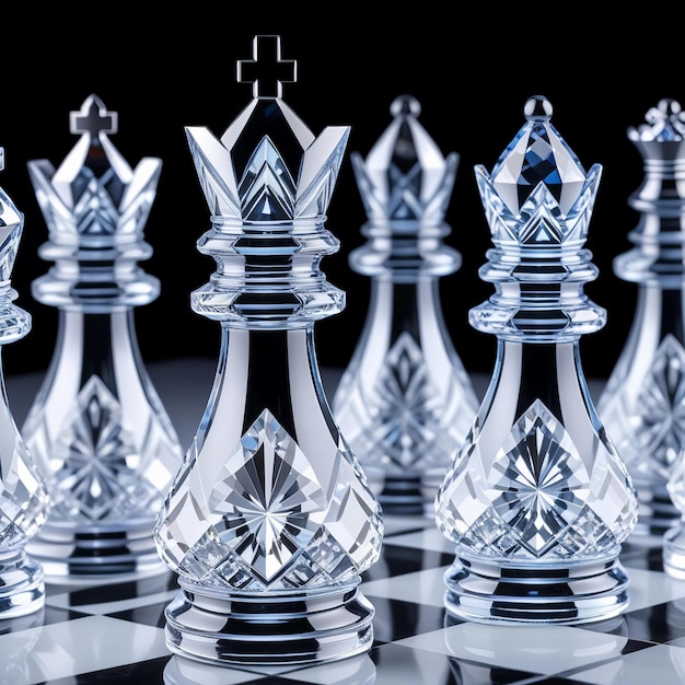 Photo a group of crystal chess pieces 3d composition