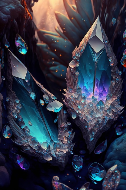 Photo group of crystals sitting on top of a pile of snow generative ai