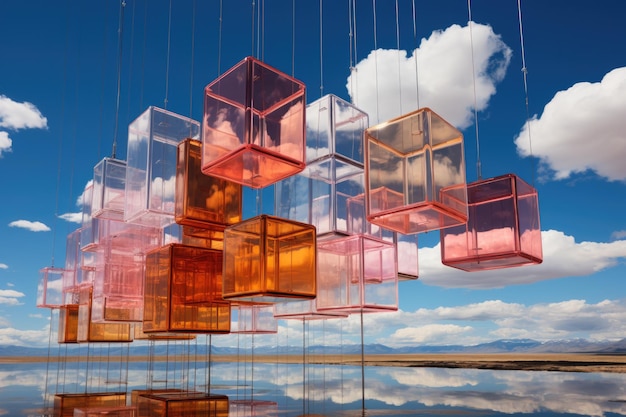 A group of cubes suspended from strings in the sky generative ai surreal whimsical landscape