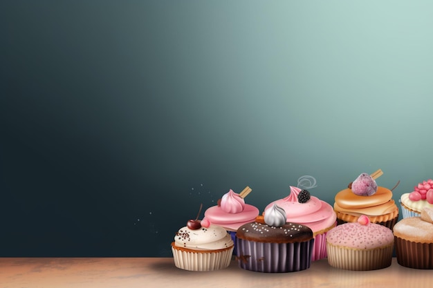 A group of cupcakes are on a table with a blue background.