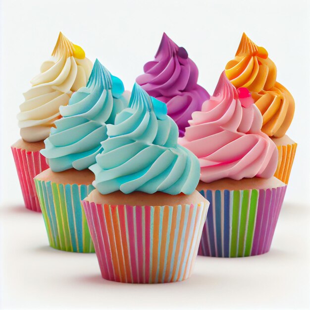 다양한 색상과 상단에 "달콤한"이라는 단어가 있는 컵케이크 그룹입니다.