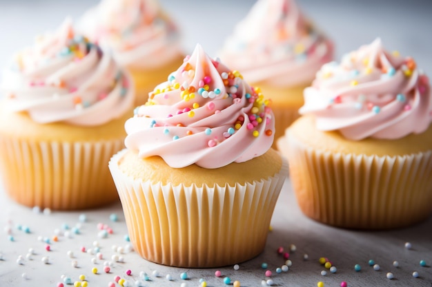 A group of cupcakes with pink frosting and sprinkles