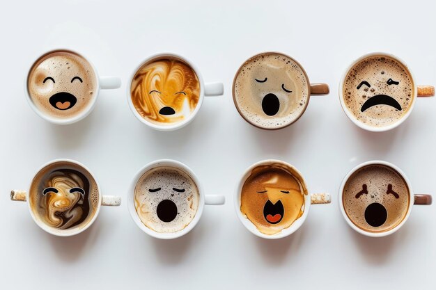 A group of cups with different faces on them