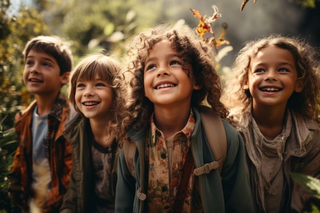 Photo a group of curious happy schoolchildren in casual clothes with backpacks exploring nature and forest