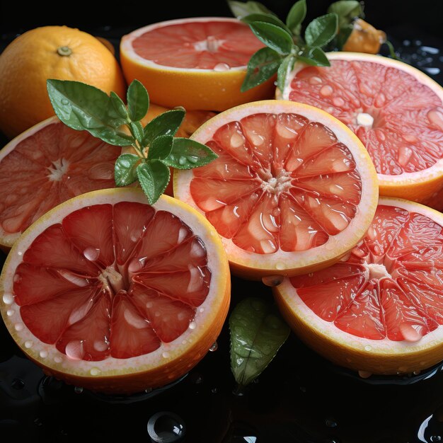 Photo a group of cut oranges with leaves