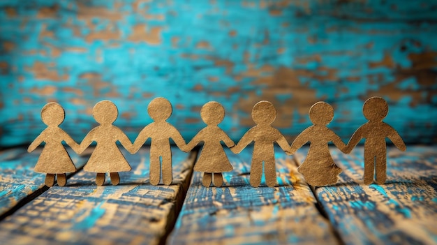 Group of Cut Out People Standing on Wooden Table