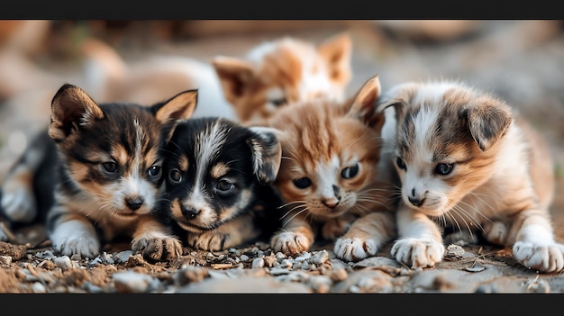 A group of cute and adorable baby animals including puppies and kittens huddled together on a pile of leaves