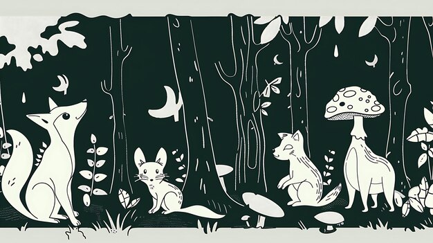 A group of cute animals in the forest The animals are a fox a rabbit a bear and a deer They are all looking at something