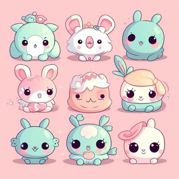 Photo a group of cute cartoon animals with different expressions generative ai
