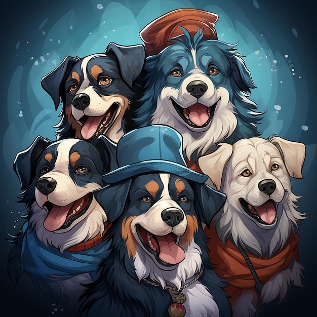 Группа милых мультяшных собак в шляпе Санты на рождественских обоях