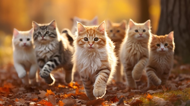 a group of cute cats running towards in autumn leaves leaf fall sunny day in the park