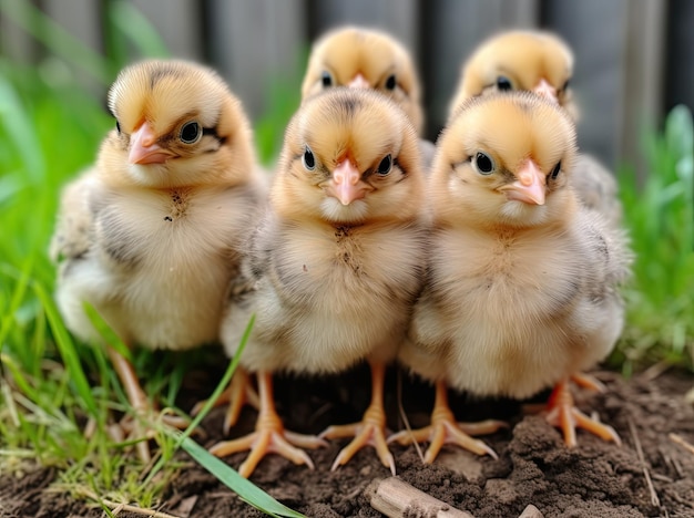 Group of cute chicks in a yard photograph