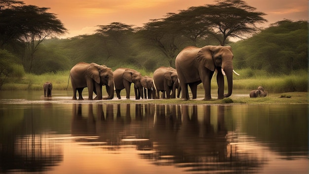 A group of cute elephants in beautiful lake in jungle