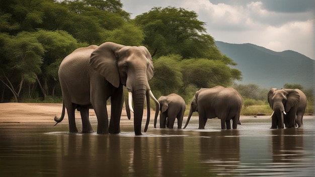 A group of cute elephants in beautiful lake in jungle