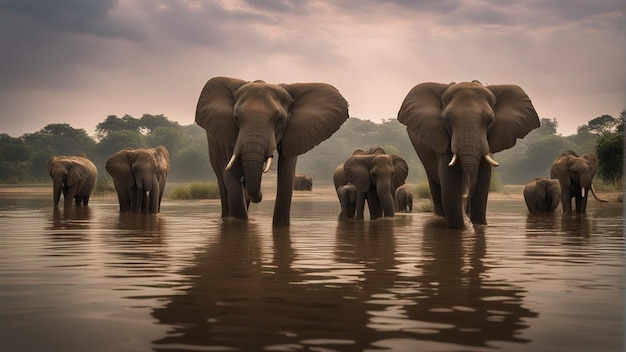 ジャングルの美しい湖にいるかわいい象のグループ