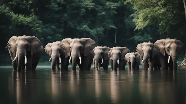 Группа милых слонов в красивом озере в джунглях