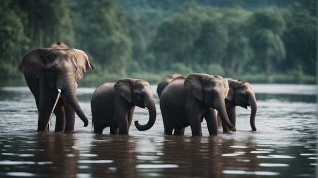정글의 아름다운 호수에 있는 귀여운 코끼리 무리