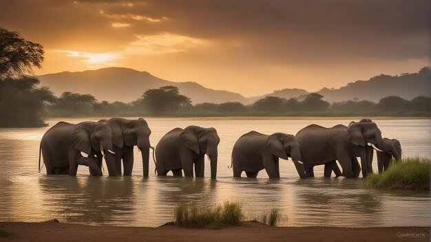 A group of cute elephants in beautiful lake in jungle