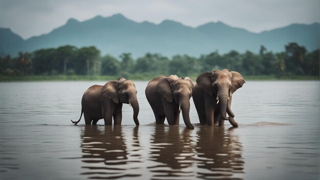 A group of cute elephants in beautiful lake in jungle