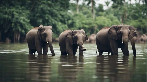 Photo a group of cute elephants in beautiful lake in jungle