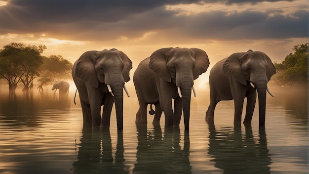 ジャングルの美しい湖にいるかわいい象のグループ