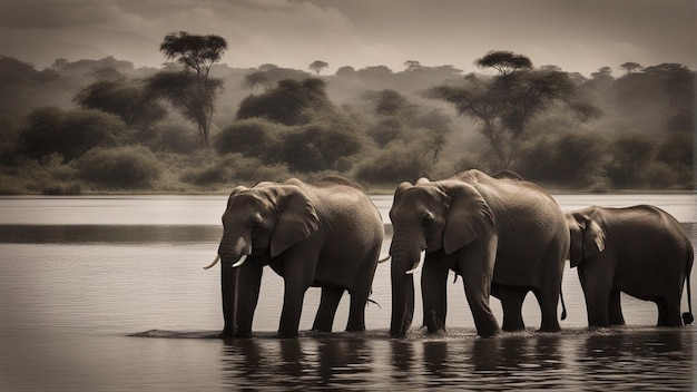 A group of cute elephants in beautiful lake in jungle