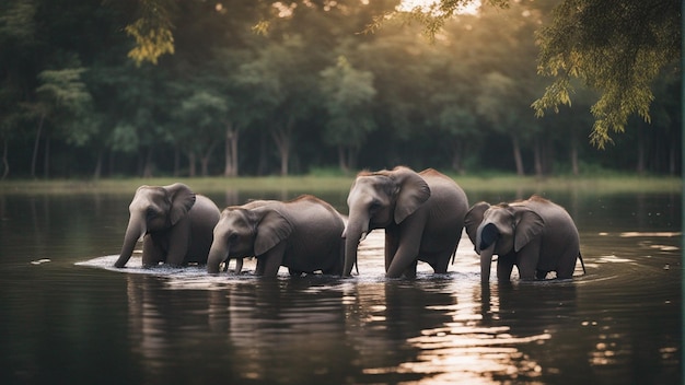 A group of cute elephants in beautiful lake in jungle