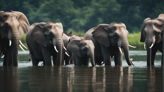 A group of cute elephants in beautiful lake in jungle