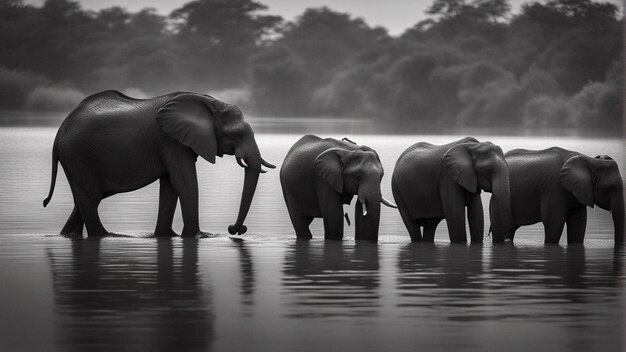 A group of cute elephants in beautiful lake in jungle