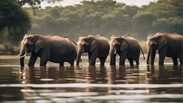 Photo a group of cute elephants in beautiful lake in jungle