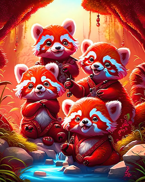 A group of cute family red pandas together in nature