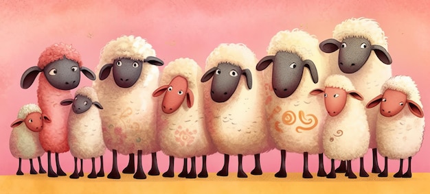 かわいいふわふわのピンクの羊の生成 AI のグループ
