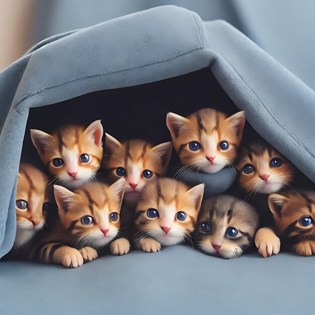 A group of cute innocent kittens snuggled in a warm blanket