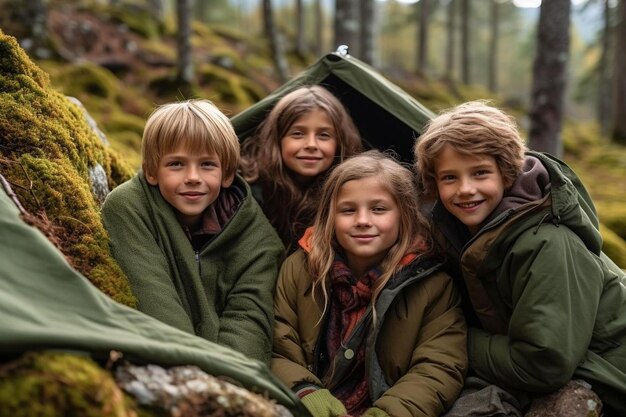 Photo group of cute kids sitting together in forest and looking at camera cute children playing in woods