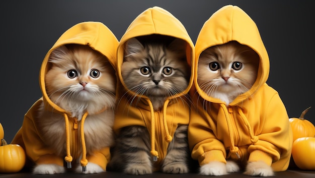 黄色いレインコートを着たかわいい子猫のグループ ハロウィーンのコンセプト