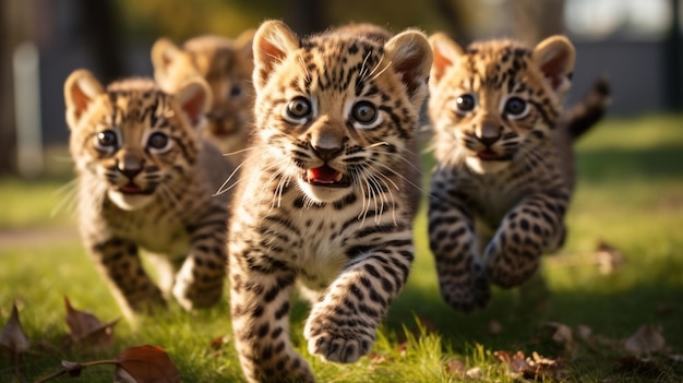 A group of cute leopards playing on the green grass in the park