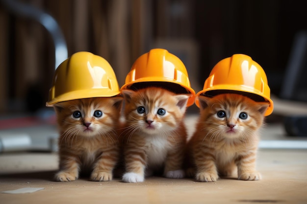 床にオレンジ色のヘルメットをかぶったかわいい子猫のグループ 建設用帽子をかぶった小さな子猫のグループ AI 生成