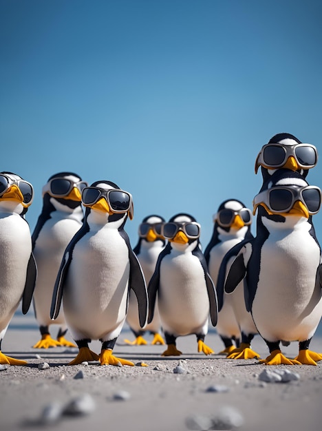 氷の上を行進するサングラスをかけたかわいいペンギンのグループ 生成人工知能