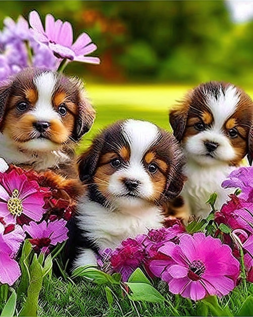 A group of cute puppy dogs together with flowers