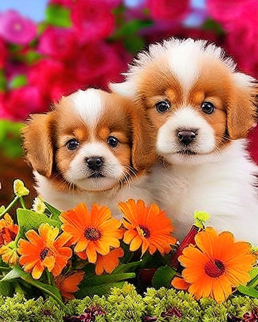 A group of cute puppy dogs together with flowers