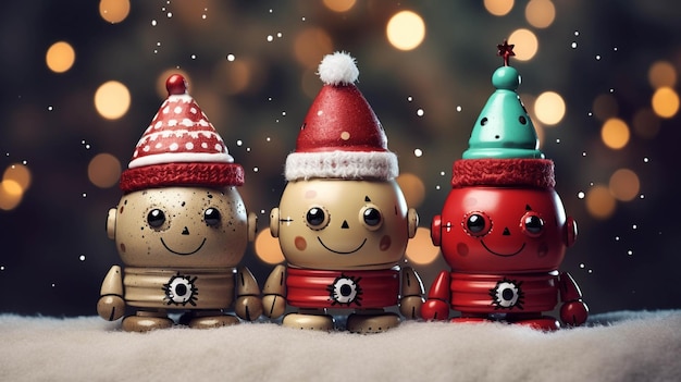 クリスマスのボケの背景にクリスマスの帽子をかぶった可愛いロボットのグループ