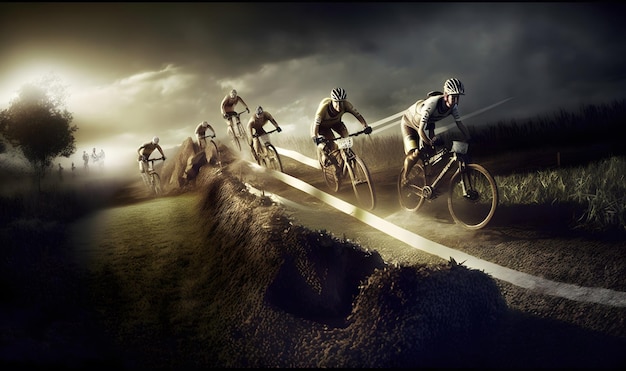 A group of cyclists are racing on a hill.