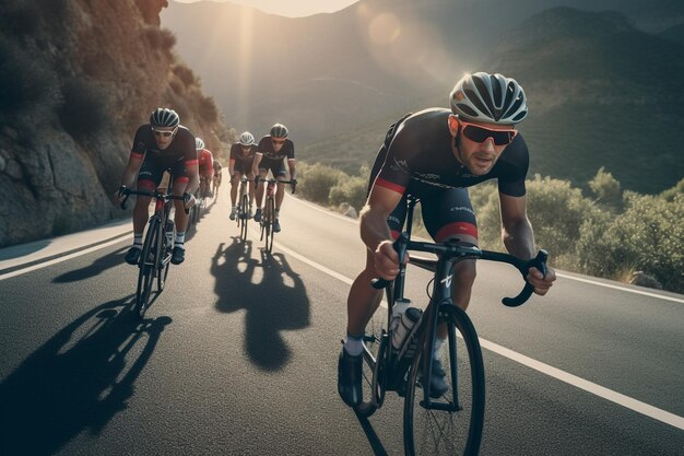 Group of cyclists in a peloton racing on a scenic 00390 02