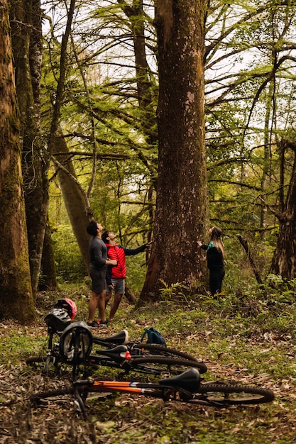 Gruppo di ciclisti che riposa all'aperto lasciando le loro mountain bike a terra